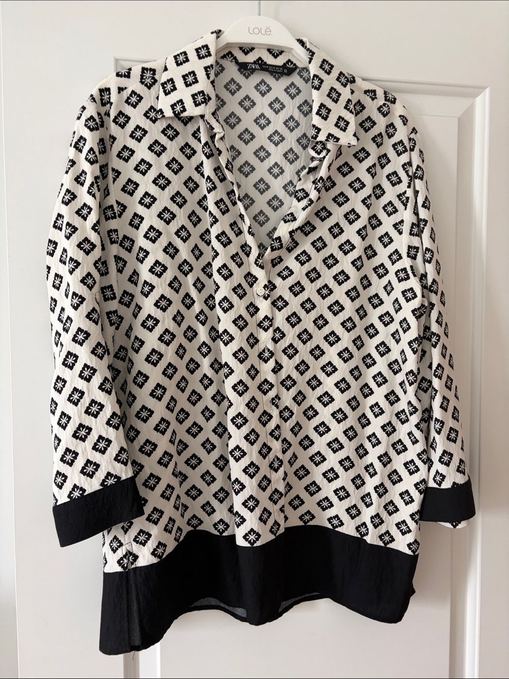 Zara Black & White Geometric Button-Up Blouse